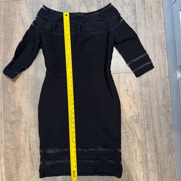 Tadashi Shoji XL Black Bandage Cocktail Dress Boat Neck Net Detail Sheath Chic - Picture 8 of 10